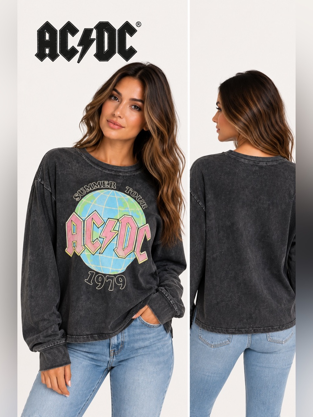 AC/DC Licensed Band Merch Summer Tour 1979 Graphic Sweatshirt Gray M